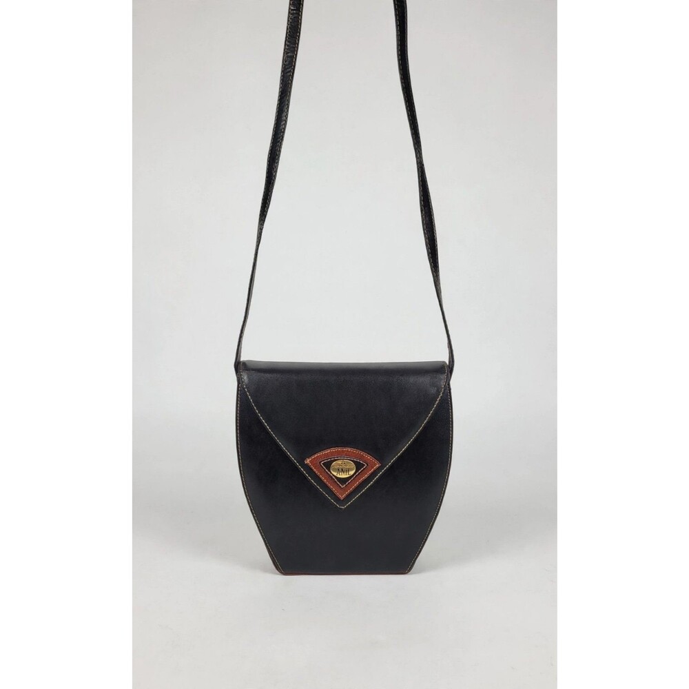 ANIL Vintage Genuine Leather Crossbody Bag Black Brown Trim Flap Magnetic Snap